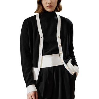 LilySilk Gemini Cashmere Cardigan with Contrasting Hem in Black at Nordstrom, Size Medium