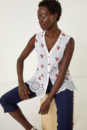 Roman Cherry Print Crinkle Button Blouse