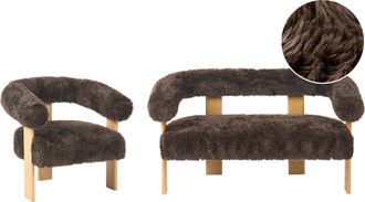 Beliani Conjunto De Sala De Estar Retro Sof&aacute; 2 Plazas Sill&oacute;n Tapizado De Pelo Sint&eacute;tico Patas De Madera Marr&oacute;n Oscuro Y Marr&oacute;n Claro Ilbro