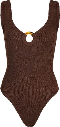 Hunza G Celine Cut-out Seersucker Swimsuit, Chocolate, One Size, V-neck, Cut-out Ring Detail, Machine Wash, Hunza G Brown Swimsuit
