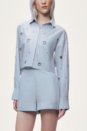 Nocturne Stone Detail Crop Shirt in Mint Green at Nordstrom, Size X-Large Eu