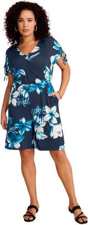 Roaman's Plus Size Stretch Knit Faux Wrap Sleeve Romper in Navy Tropical Flowers at Nordstrom, Size 24