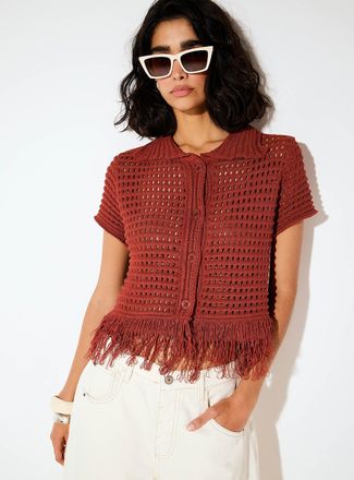 Icone Womens Plush-knit polo-collar fringed Cardigan Sweater