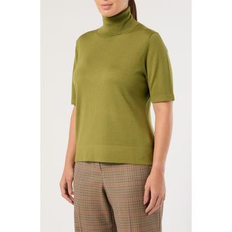 Marina Rinaldi Virgin Wool Short Sleeve Turtleneck Sweater in Olive Green at Nordstrom, Size Xx-Large