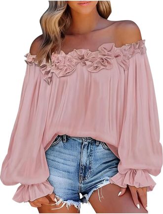 Generic Off The Shoulder Tops Women Plus Size Elegant Blouses Ruffle Trim Boat Neck Tunic Shirts Elastic Cuffs Puff Long Sleeve Dressy Tops Going Out Party We