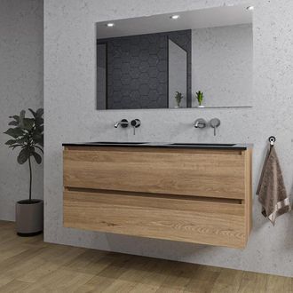 Saniclass Chaci Badkamermeubelset - 120x46x55cm - keramische wastafel zwart - 2 wasbakken - zonder kraangaten - 2 lades - rechthoekige spiegel - eiken