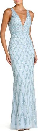Mac Duggal Sequined Plunge Neck Sleeveless Column Gown in Ice Blue at Nordstrom, Size 12