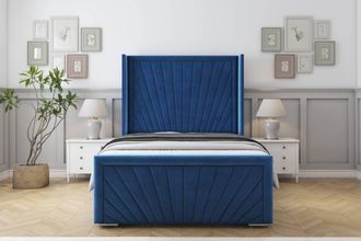 Sloomy Rutherford Plush Bed Frame With 50 Upholstered Wingback Headboard in Navy | Size: Double
