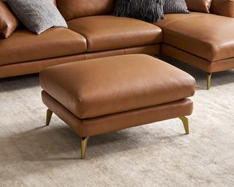 Castlery Lena Leather Ottoman, (Marche) Cocoa (Brass Leg), Spill-Resistant, Removable Covers for Brown