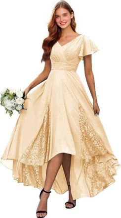 Generic Champagne Womens Tea Length Chiffon Mother of The Bride Dresses Lace Short Sleeve Wedding Guest Dress V Neck Formal Evening Ball Gown 20 Plus