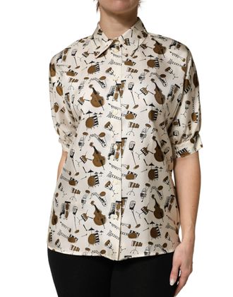 Dolce & Gabbana Womens Beige Musical Instrument Print Short Sleeve Top Silk
