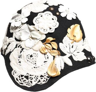 Dolce & Gabbana Womens Black Wool White Floral Gold Leaf Cloche Hat