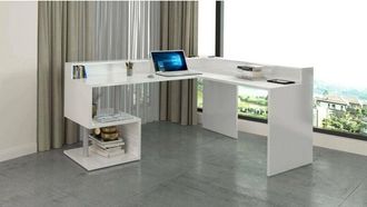 Dmora Scrivania Sansone, Scrittoio angolare con ripiani portaoggetti, Scrivania ufficio multiuso con sopralzo, 180x60h93 cm, Bianco, con imballo rinforzato
