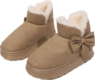 Generic Womens Comfortable Winter Warm Slip On Orthopaedic Short Boots, Bow Plush Snow Ankle Boots, Casual Fur Lined Walking Shoes (Khaki,7.5)