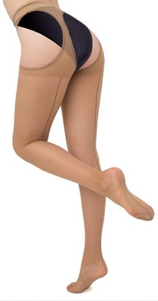 Shoes Couture Suspender Tights for Women - Crotchless Mock Suspender Sexy Open Crotch Seamed Tights Stockings - X-Large - Natural/Black seam