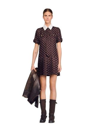 Sandro Printed satin-effect short dress in Brown /White at Nordstrom, Size 42 Eu
