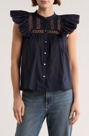 Elie Tahari Cap Sleeve Lace Trim Button-Up Top in Navy at Nordstrom Rack, Size X-Small