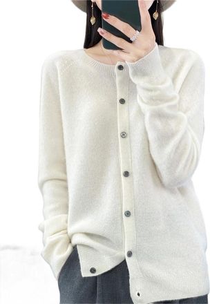 Generic Womens Merino Wool Cardigan - O-Neck Long Sleeve Loose Layering Piece White