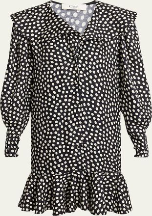 Chlo&eacute; Dots-Print Silk Jacquard Capelet Long-Sleeve Mini Dress