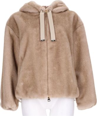 Herno Eco-Fur Textured Bomber Jacket with Hood and Drawstring Detail