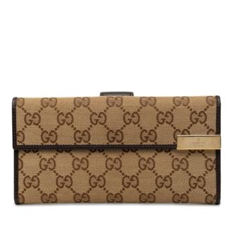 Gucci Beige Brown Canvas Leather Long Wallet (Bi-Fold) (Pre-Owned)