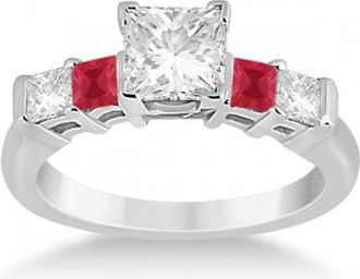 Allurez 5 Stone Princess Diamond & Ruby Engagement Ring 14K White Gold 0.46ct