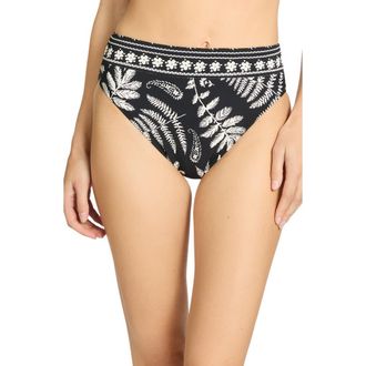 Robin Piccone Hailey High Waist Bikini Bottoms in Black/Ecru at Nordstrom, Size X-Small