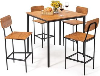 Costway Costway - Juego De Mesa De Comedor De 5 Piezas, Conjunto Con 4 Taburetes De Bar, Juego De Mesa De Cocina Industrial Con Reposapi&eacute;s, Respaldo, Juego De