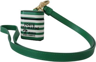 Dolce & Gabbana Groen Leren Band Airpods Hoesje met Gouden Metalen Logo - Dames - Telefoonaccessoires - Groen - ONE Size - Leer - Accessoires