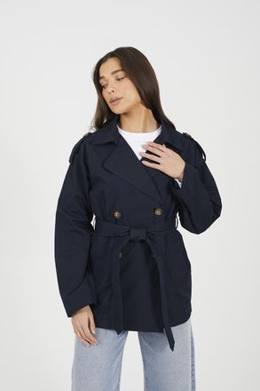 Brave Soul Womens Navy Double Breasted Short Mac With Self Tie Belt - Size 14 UK