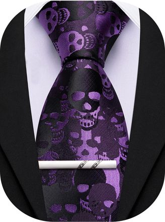 Barry.Wang Silk Ties for Men Fun Necktie and Tie Clip Set for Wedding Party Business Formal Extra Long, Skeleton Purple Black, One Size