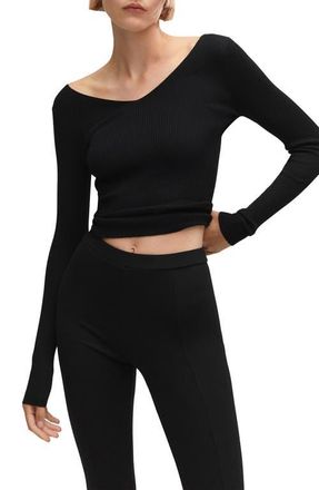 Mango V-Neck Rib Crop Sweater in Black at Nordstrom, Size Large