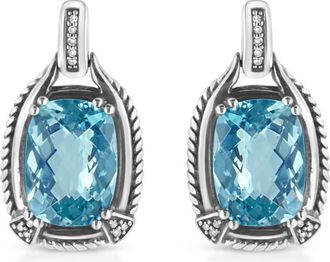House of Brilliance 925 Sterling Silver 14x10MM Cushion Cut Blue Topaz Gemstone and Diamond Accent Dangle Earring