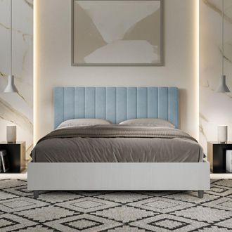 ITYhome Letto Contenitore Da 160x190 In Legno Bianco E Testata In Microfibra Azzurro Kaia