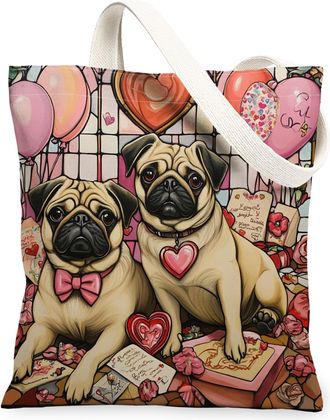 Generic Valentines Day Scottish Terrier Dog Canvas Tote Bag for Shopping 13x15, Stained Glass Puppy Reusable Grocery Print Bag for Women, Couple Beach Aesthet