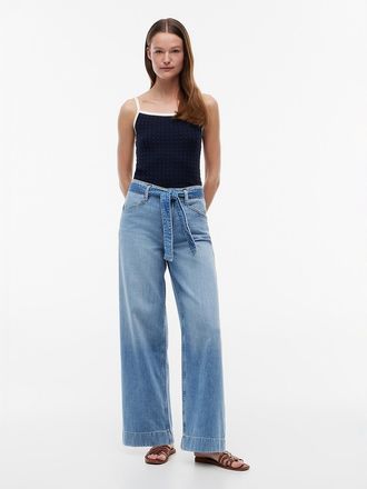 Tommy Hilfiger Womens Belted High-Rise Wide Leg Jean - Blue - 10