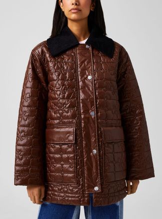 Ganni Womens Glossy Parka Jacket with quilt logos