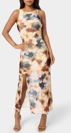 Bebe Power Mesh Side Ruched Maxi Dress in Blue Tan at Nordstrom Rack, Size Medium