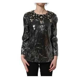 Dolce & Gabbana Blouses, female, Gray, Size: 2XS Dolce & Gabbana Metallic Gray Sequin Embellished Blouse Top