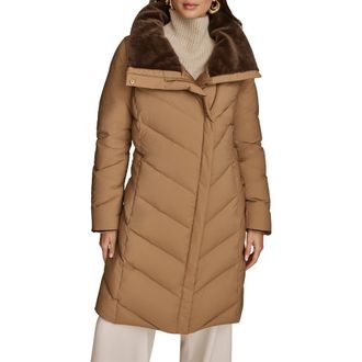 DKNY Water Resistant Chevron Down Puffer Coat in Antique Gold at Nordstrom, Size X-Small