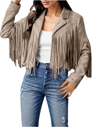Generic 4x Coats for Women plus Size Ladies Fashion Solid Color Fringe Faux Suede Leather Jacket Fashion Fringe Motorcycle Cropped Jacket Womens Jacket with H