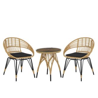 Beliani Conjunto De Balc&oacute;n Rat&aacute;n Sint&eacute;tico Patas De Metal Negro 2 Sillas Mesa De Centro Natural Moderno Pellaro