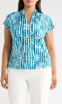 Kasper Blurred Line Print Stretch Crepe Top in Bright Azul Multi at Nordstrom, Size 3X