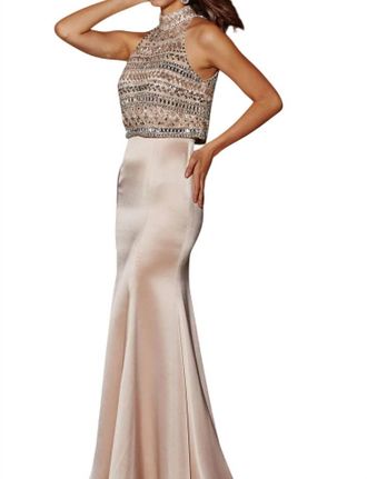 Angela & Alison High-Neck Prom Dress In Pink Champagne