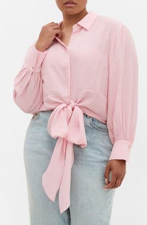 City Chic Rosabella Tie Hem Button-Up Shirt in Heavenly Pink at Nordstrom, Size Xxxs