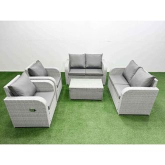 Fimous 6 Seater Outdoor Reclining Chair Love Sofa Set Rattan Garden Furniture Set with Rectangular Coffee Table Light Grey - Fimous