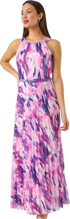 Roman Womens Blurred Print Pleated Maxi Dress - Purple - Size 14 UK