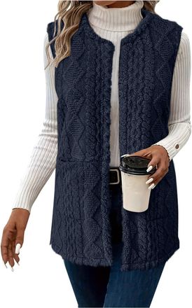 Generic Teddy Fleece Gilet for Women Sleeveless V-neck Button Down Vest Sherpa Fluffy Waistcoat Coat Solid Color Body Warmers Longline Cardigan Vests Autumn W