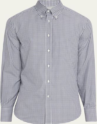 Brunello Cucinelli Mens Cotton Gingham Button-Collar Sport Shirt