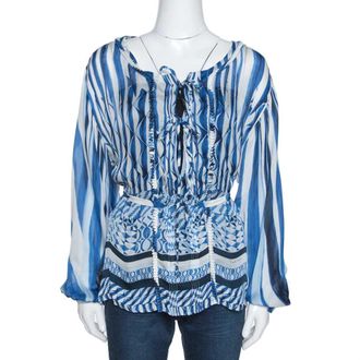 Roberto Cavalli Blue and White Deco Print Silk Tie Up Blouse M